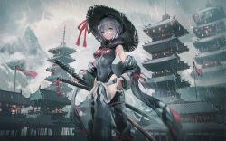 Rule 34 | 1girl, architecture, bare shoulders, black thighhighs, blue eyes, breasts, closed mouth, cloud, cloudy sky, commentary request, covered navel, east asian architecture, feet out of frame, grey hair, grey leotard, hair between eyes, hand on own hip, hat, highres, hood, hood down, hooded leotard, katana, leotard, long sleeves, looking at viewer, medium breasts, mountain, original, outdoors, pagoda, rain, revision, rice hat, sheath, sheathed, sky, solo, standing, swav, sword, thighhighs, weapon, wide sleeves