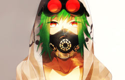 Rule 34 | 1girl, collar, collarbone, gas mask, goggles, goggles on head, green hair, gumi, hood, hoodie, kyama, looking at viewer, mask, portrait, red eyes, respirator, short hair, solo, vocaloid