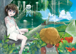 Rule 34 | 1boy, 1girl, :d, bare shoulders, barefoot, between breasts, blue eyes, blue sky, breasts, brown hair, bug, butterfly, chado, cloud, dappled sunlight, day, dress, from behind, hat, in tree, bug, nature, open mouth, original, sitting, sitting in tree, sky, smile, standing, straddling, straw hat, sunlight, tree, branch, upright straddle, white dress