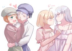 Rule 34 | 2girls, absurdres, ahoge, anisphia wynn palettia, blonde hair, blush, chai haru, closed eyes, closed mouth, commentary, covering another&#039;s mouth, dress, euphyllia magenta, eye contact, flying sweatdrops, green eyes, grey hair, grey hat, hat, heart, highres, long hair, looking at another, medium hair, multiple girls, open mouth, pink dress, pink shirt, purple dress, purple eyes, purple hat, shirt, simple background, skirt, smile, tensei oujo to tensai reijou no mahou kakumei, white background, white shirt, yuri