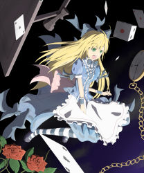 Rule 34 | 1girl, alice (alice in wonderland), alice in wonderland, blonde hair, board game, bow, card, chain, chess, colorized, dice, floating card, female focus, flower, full body, gradient background, green eyes, hair bow, long hair, nogisaka kushio, pocket watch, rose, solo, watch