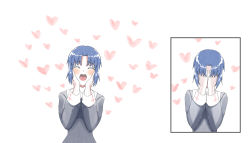 Rule 34 | 1girl, axia-chan, blue hair, blush, ciel (tsukihime), closed eyes, covering own eyes, crossed arms, habit, hands on own cheeks, hands on own face, heart, highres, open mouth, short hair, solo, teeth, tongue, tsukihime, white background