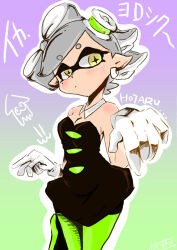 Rule 34 | 1girl, bare arms, bare shoulders, black dress, bow-shaped hair, breasts, character name, cleavage, collarbone, detached collar, dress, earrings, food, food on head, gloves, green pantyhose, grey hair, hoop earrings, inkling, jewelry, marie (splatoon), mole, mole under eye, nintendo, object on head, pantyhose, pointy ears, short dress, short ponytail, solo, splatoon (series), splinter fish59, squid girl, strapless, strapless dress, sushi, swept bangs, tentacle hair, thick eyebrows, white gloves, yellow eyes