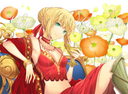 Rule 34 | 10s, 1girl, ahoge, alternate costume, armor, bad id, bad pixiv id, bangle, blonde hair, bracelet, breasts, camisole, chalice, character name, choker, cleavage, cloak, couch, crop top, cup, dress, elbow rest, ells, fate/extra, fate (series), floral background, flower, greaves, green eyes, hair bun, head tilt, holding, holding cup, jewelry, knee up, looking at viewer, midriff, navel, necklace, nero claudius (fate), nero claudius (fate) (all), nero claudius (fate/extra), no bra, open clothes, open robe, red dress, red skirt, robe, short hair, single hair bun, sitting, skirt, smile, solo, spaghetti strap, text focus