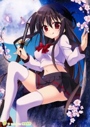 Rule 34 | 1girl, :q, absurdres, black hair, braid, breasts, cherry blossoms, full moon, highres, in tree, katana, matsumiya kiseri, moon, navel, red eyes, school uniform, sitting, sitting in tree, solo, sword, thighhighs, tongue, tongue out, tree, two side up, weapon, white thighhighs