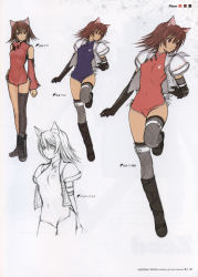 Rule 34 | 1girl, animal ears, boots, brown eyes, brown hair, character sheet, chinese clothes, costume chart, elbow gloves, female focus, gloves, hand on own hip, highres, lineart, looking at viewer, mao (shining tears), partially colored, shining (series), shining wind, short hair, simple background, solo, thighhighs, tony taka, white background