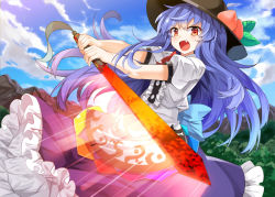 Rule 34 | &gt;:o, 1girl, :o, angry, black hat, blue hair, blue skirt, blush, cloud, cloudy sky, d:, d:&lt;, day, e.o., fang, food, frilled skirt, frills, fruit, hat, hinanawi tenshi, holding, holding sword, holding weapon, leaf, long hair, looking at viewer, open mouth, outdoors, peach, puffy short sleeves, puffy sleeves, rainbow order, red eyes, reverse grip, shirt, short sleeves, skirt, sky, solo, sword, sword of hisou, touhou, v-shaped eyebrows, weapon, white shirt
