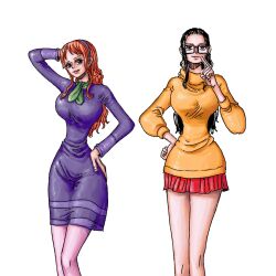 Rule 34 | 2girls, alternate costume, black hair, cosplay, daphne blake, daphne blake, daphne blake (cosplay), dress, eiichiroyoda, glasses, hairband, hand on own head, hand on own hip, highres, long hair, looking at viewer, multiple girls, nami (one piece), nico robin, oda eiichirou (style), one piece, orange hair, orange sweater, purple dress, purple hairband, red skirt, scooby-doo, simple background, skirt, sweater, velma dinkley, velma dinkley (cosplay), white background