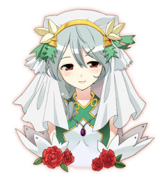 Rule 34 | 1girl, blush, dorothy (rune factory), flower, gem, hair ornament, hairclip, jewelry, long hair, looking at viewer, necklace, pendant, red eyes, red flower, red rose, rose, rune factory, rune factory 2, sazame, silver hair, simple background, solo, veil, white background
