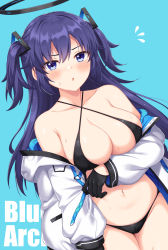 Rule 34 | 1girl, bare shoulders, bikini, black bikini, black gloves, blue archive, blue background, blue eyes, blue hair, blush, breasts, cleavage, collarbone, copyright name, gloves, hair ornament, halo, highres, horosuke, jacket, large breasts, long hair, long sleeves, looking at viewer, navel, off shoulder, open clothes, open jacket, open mouth, sidelocks, solo, sweat, swimsuit, two side up, white jacket, yuuka (blue archive)