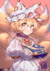 Rule 34 | 1girl, 2023, :d, animal ears, animal hat, arms under breasts, blonde hair, breasts, dress, fox ears, frills, gold trim, hands in opposite sleeves, hat, highres, large breasts, long sleeves, looking at viewer, masanaga (tsukasa), mob cap, open mouth, short hair, smile, solo, tabard, touhou, upper body, white dress, white hat, yakumo ran