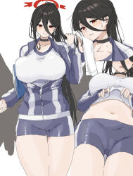 Rule 34 | 1girl, black choker, black hair, blue archive, blue jacket, blue shorts, blush, breasts, choker, clipboard, closed mouth, clothes lift, gym uniform, hair between eyes, halo, hasumi (blue archive), hasumi (track) (blue archive), holding, huge breasts, jacket, lifting own clothes, long hair, looking at viewer, mole, mole under eye, multiple views, navel, nipio, official alternate costume, parted lips, partially unzipped, ponytail, red eyes, shirt, shirt lift, short shorts, shorts, simple background, stomach, sweat, thighs, towel, very long hair, white background, white shirt, wiping sweat