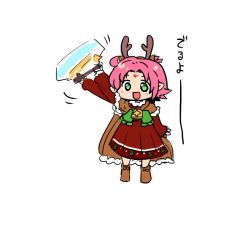 Rule 34 | 1girl, antlers, arm up, bell, boots, cape, dress, facial mark, fae (fire emblem), fae (winter) (fire emblem), fire emblem, fire emblem: the binding blade, fire emblem heroes, forehead mark, fur trim, green eyes, horns, long sleeves, nintendo, open mouth, pointy ears, purple hair, reindeer antlers, short hair, simple background, solo, standing, turuga, white background