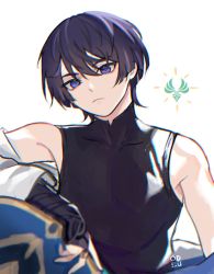 Rule 34 | 1boy, arm armor, artist name, bare shoulders, black shirt, blue hat, blue vest, blunt ends, closed mouth, collarbone, genshin impact, grey vest, hair between eyes, hand on own knee, hand up, hane (odeu), hat, highres, jingasa, looking at viewer, male focus, mandarin collar, no headwear, official alternate costume, open clothes, open vest, purple eyes, purple hair, scaramouche (genshin impact), shirt, short hair, short sleeves, simple background, sitting, sleeveless, sleeveless shirt, solo, two-tone vest, vest, vision (genshin impact), wanderer (genshin impact), white background