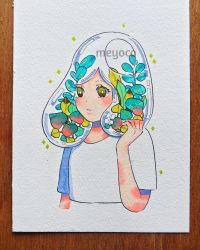 Rule 34 | 1girl, artist name, bad id, bad twitter id, cropped torso, green hair, hand up, highres, hole, leaf, medium hair, meyoco, original, photo (medium), plant, shirt, short sleeves, simple background, solo, sparkle, traditional media, transparent, upper body, white background, white shirt