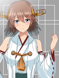 Rule 34 | 1girl, blue eyes, brown hair, clenched hand, closed mouth, detached sleeves, hair between eyes, hand up, headgear, hiei (kancolle), hiei kai ni (kancolle), highres, kantai collection, looking at viewer, nontraditional miko, one-hour drawing challenge, ribbon-trimmed sleeves, ribbon trim, roko roko (doradorazz), short hair, smile, solo, twitter username, upper body