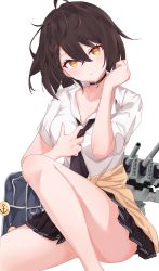 Rule 34 | 1girl, absurdres, ahoge, azur lane, bag, baltimore (after-school ace) (azur lane), baltimore (azur lane), beige cardigan, black choker, black necktie, black skirt, braid, brown hair, cardigan, cardigan around waist, choker, clothes around waist, collarbone, collared shirt, commentary, commission, english commentary, french braid, highres, looking at viewer, loose necktie, necktie, necktie grab, neckwear grab, official alternate costume, pixiv commission, pleated skirt, school bag, shirt, short sleeves, simple background, single braid, sitting, skirt, solo, vayneeeee, white background, white shirt, yellow eyes