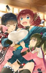 Rule 34 | 3girls, age difference, ainu clothes, animal ears, aquaplus, bare shoulders, black hair, blue eyes, blue kimono, blush, braid, breasts, brown hair, card, closed eyes, closed mouth, collarbone, covered collarbone, dated, dress, from side, gradient eyes, hair between eyes, hair ribbon, hanafuda, height difference, highres, indoors, japanese clothes, kimono, kou mashiro, large breasts, leotard, leotard under clothes, long hair, long sleeves, looking at another, looking at viewer, multicolored eyes, multiple girls, nekone (utawarerumono), nosuri, off shoulder, official art, open mouth, raised eyebrows, red eyes, red hair, ribbon, rulutieh, sidelocks, sleeveless, small breasts, surprised, taut clothes, taut leotard, tearing up, tears, teeth, thick thighs, thighhighs, thighs, tongue, twin braids, twintails, utawarerumono, utawarerumono: itsuwari no kamen, utawarerumono: lost flag