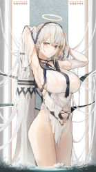 Rule 34 | 1girl, :o, angel wings, armpits, arms behind head, arms up, azur lane, bare hips, breasts, choker, clothing cutout, collar, detached sleeves, dress, dripping, elbow gloves, feather trim, feathers, formidable (azur lane), formidable (timeless classics) (azur lane), gloves, halo, heart pasties, highres, large breasts, long hair, looking at viewer, navel, navel cutout, official alternate costume, pasties, sailor collar, sailor dress, sailor shirt, shirt, twintails, wet, white hair, wings, yusha m