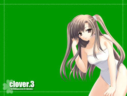 Rule 34 | 1girl, adjusting hair, bare shoulders, breasts, brown eyes, brown hair, casual one-piece swimsuit, clover, clover (game cg), green background, highres, leaning forward, long hair, nishimata aoi, one-piece swimsuit, smile, solo, swimsuit, twintails, wallpaper