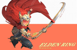 Rule 34 | 1girl, absurdres, artist request, bad link, breasts, cape, closed mouth, cyborg, elden ring, helmet, highres, holding, holding weapon, long hair, looking at viewer, malenia blade of miquella, mechanical arms, prosthesis, prosthetic arm, prosthetic leg, red hair, simple background, single mechanical arm, solo, sword, very long hair, weapon