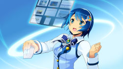 Rule 34 | 1girl, :d, blue bow, blue bowtie, blue eyes, blue hair, blue vest, bow, bowtie, collared shirt, hair ornament, hairband, hairclip, highres, holding, long sleeves, madobe nanami, microsoft, mouse (computer), open mouth, os-tan, shirt, short hair, smile, solo, upper body, vest, white hairband, white shirt, wing collar
