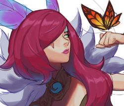 Rule 34 | 1girl, animal, blue hair, bug, butterfly, clenched hand, elderwood xayah, fur trim, hair ornament, hair over one eye, hand up, insect, league of legends, long hair, multicolored hair, red hair, simple background, solo, two-tone hair, white background, wosashimi, xayah, yellow eyes