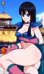 Rule 34 | 1girl, absurdres, ass, black eyes, black hair, bottomless, breasts, chi-chi (dragon ball), cleavage, dragon ball, dragonball z, female focus, highres, kyoffie, long hair, looking at viewer, medium breasts, parted lips, pussy, solo, text focus, uncensored