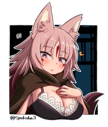 Rule 34 | 1girl, animal ear fluff, animal ears, black bra, border, bra, breasts, brown cape, cape, commission, facepaint, large breasts, long hair, looking at viewer, looking back, mawaru (mawaru), open mouth, original, pink eyes, solo, tail, underwear, upper body, white border, wolf ears, wolf girl, wolf tail