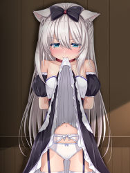 Rule 34 | 1girl, animal ear fluff, animal ears, arms behind back, azur lane, bare shoulders, black bow, black dress, black sleeves, blush, bow, bow panties, cat ears, choker, closed mouth, clothes in mouth, clothes lift, collarbone, commentary, cowboy shot, detached sleeves, dress, dress in mouth, dress lift, garter belt, gluteal fold, green eyes, hair between eyes, hair bow, half-closed eyes, hammann (azur lane), highres, long hair, mouth hold, navel, nose blush, panties, puffy short sleeves, puffy sleeves, red choker, short sleeves, silver hair, solo, standing, strapless, strapless dress, tears, thighhighs, u2 (5798239), underwear, very long hair, wavy mouth, white bow, white panties, white thighhighs