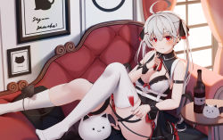 Rule 34 | 1girl, absurdres, ahoge, albino, alcohol, bat wings, braid, breasts, cleavage, couch, dress, fang, highres, large breasts, long hair, looking at viewer, nyan (reinyan 007), original, pale skin, red eyes, single braid, smile, solo, tail, thighhighs, thighs, twintails, vampire, white hair, wine, wings