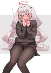 Rule 34 | 1girl, absurdres, black skirt, black sweater, blush, box, brown pantyhose, commentary request, feet out of frame, fingernails, gift, gift box, grey background, grey hair, hair between eyes, halo, hands up, heart-shaped box, highres, holding, holding gift, knees together feet apart, long hair, long sleeves, looking at viewer, moti yousei, nail polish, open mouth, original, pantyhose, pink nails, plaid, plaid skirt, pleated skirt, puffy long sleeves, puffy sleeves, red eyes, skirt, sleeves past wrists, solo, sweater, translation request, twintails, two-tone background, very long hair, white background