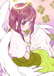 Rule 34 | 1girl, amezawa koma, angel, angel wings, blush, brown eyes, brown hair, clover, dress, four-leaf clover, from side, green dress, halo, hands up, idolmaster, idolmaster cinderella girls, looking at viewer, looking to the side, multiple wings, ogata chieri, own hands together, parted lips, short sleeves, solo, twintails, white wings, wings, wristband