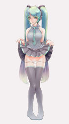 Rule 34 | 1girl, boots, clothes lift, detached sleeves, futsu (x6328442), green eyes, green hair, groin, hatsune miku, headphones, highres, long hair, matching hair/eyes, necktie, panties, panty pull, pigeon-toed, skirt, skirt lift, solo, thigh boots, thigh gap, thighhighs, twintails, underwear, very long hair, vocaloid