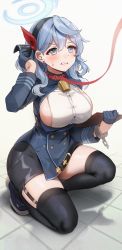 Rule 34 | 1girl, ako (blue archive), bell, black hairband, black skirt, black thighhighs, blue archive, blue eyes, blue gloves, blue hair, blue jacket, blush, breasts, clenched teeth, clipboard, cuffs, earrings, full body, garter straps, gijang, gloves, hair behind ear, hair between eyes, hair ribbon, hairband, half gloves, halo, highres, holding, holding clipboard, jacket, jewelry, large breasts, leash, long hair, long sleeves, looking away, neck bell, on one knee, red ribbon, ribbon, shirt, shoes, sideboob, simple background, skirt, solo, stud earrings, sweat, teeth, thigh strap, thighhighs, white background, white shirt