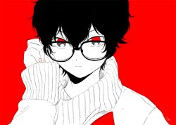 Rule 34 | 1boy, adjusting eyewear, amamiya ren, androgynous, bad id, bad pixiv id, closed mouth, fingernails, glasses, long sleeves, male focus, monochrome, persona, persona 5, portrait, red background, red eyes, red theme, simple background, sleeves past wrists, solo, sweater, yasuu!