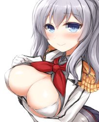 Rule 34 | 10s, 1girl, bikini, bikini top only, blue eyes, blush, breast hold, breasts, cleavage, don (29219), epaulettes, gloves, kantai collection, kashima (kancolle), large breasts, long hair, long sleeves, looking at viewer, neckerchief, open clothes, open shirt, shirt, silver hair, simple background, smile, solo, string bikini, swimsuit, upper body, white background, white bikini