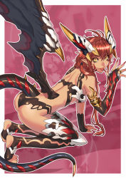 Rule 34 | 1girl, all fours, ass, black thighhighs, breasts, bridal gauntlets, demon, demon girl, dragon girl, dragon tail, dragon wings, earrings, elbow gloves, fingernails, gloves, head wings, horns, jewelry, low wings, markings, medium breasts, nail polish, original, pointy ears, ran&#039;ou (tamago no kimi), red hair, ring, shiny clothes, solo, tail, thighhighs, toeless legwear, tongue, wings, yellow eyes