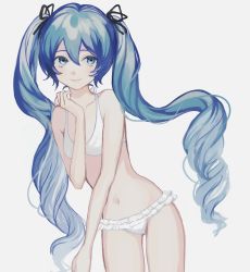 Rule 34 | 1girl, bare arms, bare shoulders, bikini, black ribbon, blue eyes, blue hair, blue nails, breasts, collarbone, cowboy shot, curly hair, eyelashes, fingernails, frilled bikini, frilled swimsuit, frills, grey background, hair between eyes, hair ribbon, hatsune miku, highres, leaning, leaning to the side, light smile, long hair, looking away, nail polish, navel, p2 (uxjzz), ribbon, simple background, small breasts, smile, solo, stomach, swimsuit, thighs, twintails, very long hair, vocaloid, white bikini