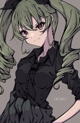 Rule 34 | 1girl, absurdres, anchovy (girls und panzer), black bow, black necktie, black shirt, bow, brown eyes, character name, closed mouth, collared shirt, dress shirt, drill hair, girls und panzer, green hair, grey background, hair between eyes, hair bow, highres, kakuzatou (cubesugar03196), long hair, necktie, shirt, sketch, sleeves rolled up, solo, twin drills, twintails, very long hair, wing collar