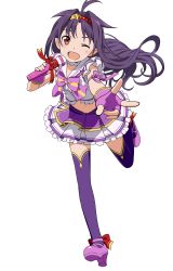 Rule 34 | 1girl, arm ribbon, fingerless gloves, floating hair, full body, gloves, hairband, high heels, holding, holding microphone, idol, leaning forward, leg up, long hair, looking at viewer, microphone, midriff, navel, official art, one eye closed, open mouth, outstretched arm, pleated skirt, pointy ears, purple hair, purple thighhighs, red eyes, ribbon, skirt, solo, sword art online, thighhighs, transparent background, yuuki (sao)