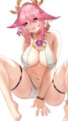 Rule 34 | 1girl, animal ears, anklet, barefoot, breasts, cleavage, fox ears, genshin impact, hair ornament, highres, jewelry, large breasts, long hair, looking at viewer, navel, niduannowu, parted lips, pink hair, purple eyes, simple background, solo, thighs, white background, yae miko