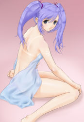 Rule 34 | 1girl, back, barefoot, bikini tan, blue eyes, covering privates, gradient background, kneeling, light purple hair, long hair, looking at viewer, looking back, naked towel, nude, nude cover, pink background, purple hair, rasukaru, shiny skin, simple background, sitting, soles, solo, sun tattoo, tan, tan tattoo, tanline, tattoo, towel, twintails, wariza