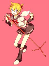 Rule 34 | 1boy, angel wings, bad id, bad pixiv id, belt, blonde hair, blue eyes, collarbone, crossdressing, earrings, eyelashes, full body, heart, heart-shaped pupils, jewelry, kagamine len, lineart, looking at viewer, male focus, mars symbol, microphone stand, music, nail polish, open mouth, pink background, pleated skirt, ribbon, school uniform, serafuku, shirt, short hair, singing, skirt, smile, solo, symbol-shaped pupils, trap, vocaloid, wings, yellow nails, yumenashi