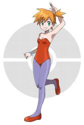 Rule 34 | 1girl, animal costume, aqua eyes, armpits, asatsuki (fgfff), asymmetrical hair, blush, bodysuit, breasts, cleavage, cosplay, creatures (company), eye contact, game freak, hair between eyes, high heels, highres, leotard, looking at another, looking at viewer, medium breasts, misty (pokemon), nintendo, open mouth, orange hair, pantyhose, playboy bunny, pokemon, pokemon rgby, ponytail, quinty, quinty (character), red leotard, shiny clothes, shiny legwear, shoes, short hair, side ponytail, simple background, small breasts, smile, solo, striped clothes, striped leotard, wide hips