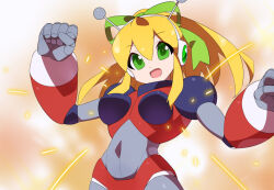 Rule 34 | android, antenna hair, armor, bow, breasts, green bow, green eyes, henshin pose, kaidou zx, mecha, mechanical arms, medium breasts, mega man (series), navel, open mouth, ponytail, robot, roll (mega man), shoulder pads, sparkle, super robot