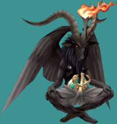 Rule 34 | animal ears, baphomet, demon, feathered wings, fire, full body, goat ears, goat horns, hands on own knees, hooves, horns, kazuma kaneko, official art, photoshop (medium), red eyes, shin megami tensei, solo, third-party source, transparent background, wings