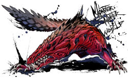 Rule 34 | blue eyes, claws, closed mouth, commentary request, copyright name, drooling, fighting stance, full body, fuse ryuuta, monster hunter (series), monster hunter: world, no humans, odogaron, sharp teeth, simple background, snout, solo, standing, tail, teeth, white background