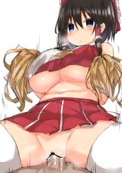 Rule 34 | 1boy, 1girl, adapted costume, bad id, bad pixiv id, bar censor, belly, black hair, blue eyes, bow, breasts, censored, cheerleader, crop top, cum, cum in pussy, golgi hon, hair bow, hair tubes, hakurei reimu, heart, heart-shaped pupils, hetero, highres, large breasts, miniskirt, navel, penis, pleated skirt, plump, pom pom (cheerleading), red bow, red skirt, sidelocks, simple background, sitting, skirt, symbol-shaped pupils, thighhighs, touhou, underboob, white background, white thighhighs