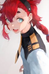 Rule 34 | 1girl, absurdres, blue eyes, braid, gundam, gundam suisei no majo, hair between eyes, headband, highres, looking at viewer, niri (eunhaha02), open mouth, red hair, simple background, single braid, smile, suletta mercury, teeth, thick eyebrows